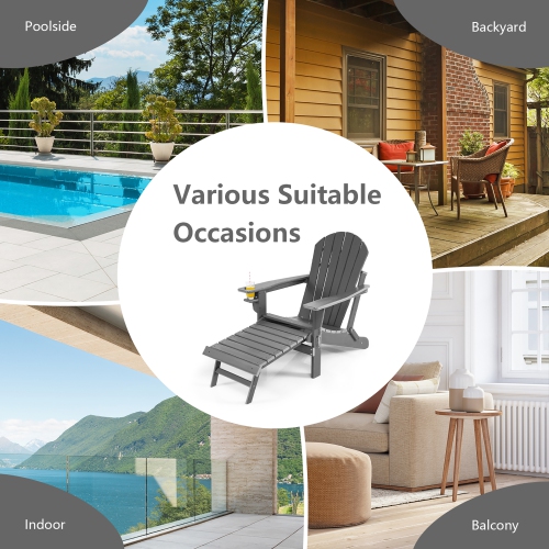Costway Patio Folding Adirondack Chair HDPE All-Weather Pull-Out Ottoman