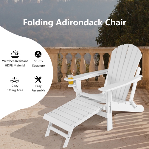 Costway Patio Folding Adirondack Chair HDPE All-Weather Pull-Out Ottoman
