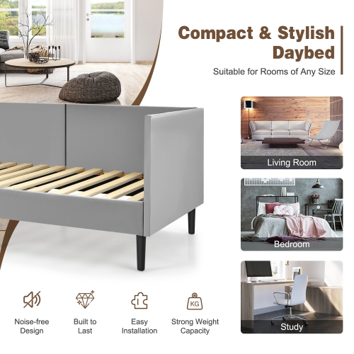 Cadre de canapé-lit en bois robuste en bois avec revêtement en lin Costway, lit simple, gris