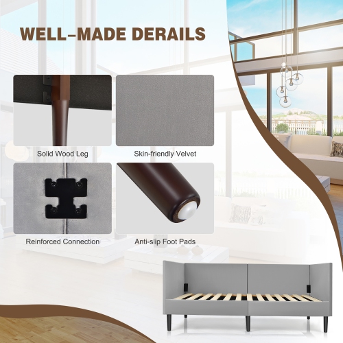 Cadre de canapé-lit en bois robuste en bois avec revêtement en lin Costway, lit simple, gris