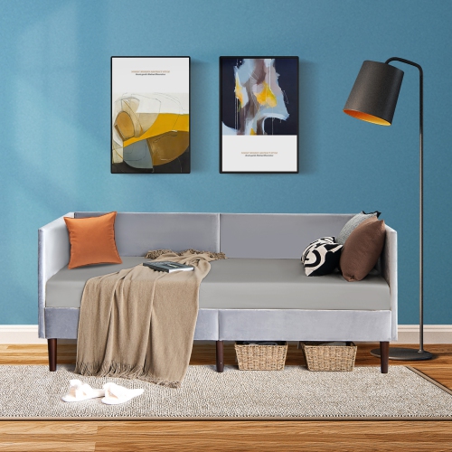 Cadre de canapé-lit en bois robuste en bois avec revêtement en lin Costway, lit simple, gris