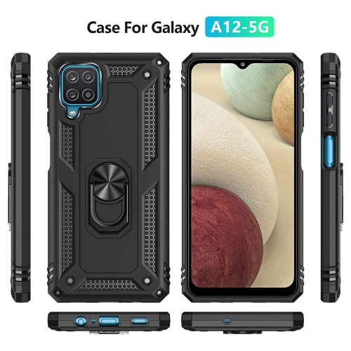 Samsung Galaxy A12 Navy Blue Military Grade 360 Degree Rotating Metal Magnetic Ring Car Mount Holder Kickstand Shockproof Heavy Duty Cover