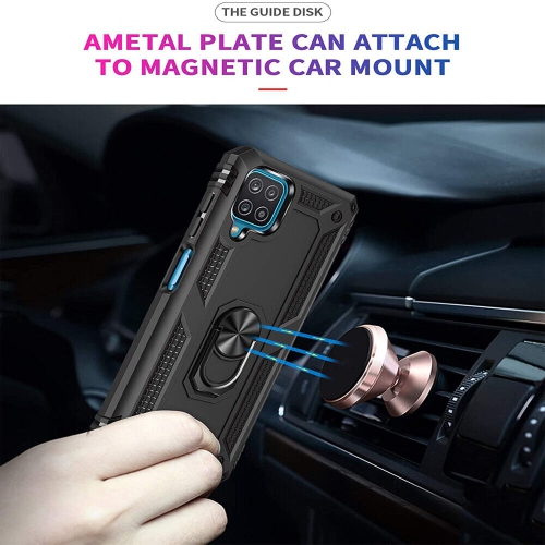 Samsung Galaxy A12 Case Black Military Grade 360 Degree Rotating Metal Magnetic Ring Car Mount Holder Kickstand Shockproof Heavy Duty Cover