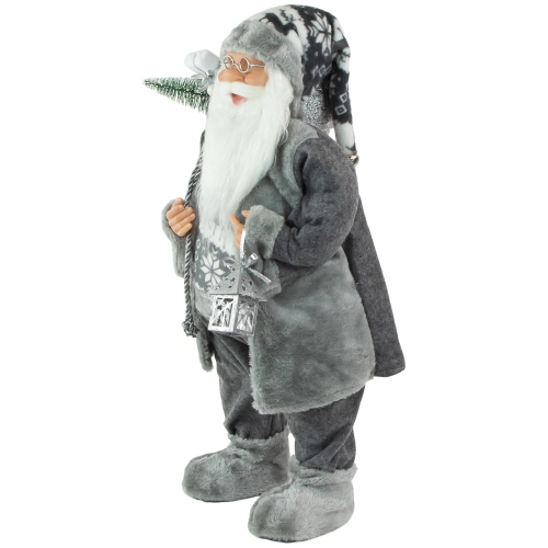 Père Noël gris et blanc de 24 po avec figurine de Noël de lanterne
