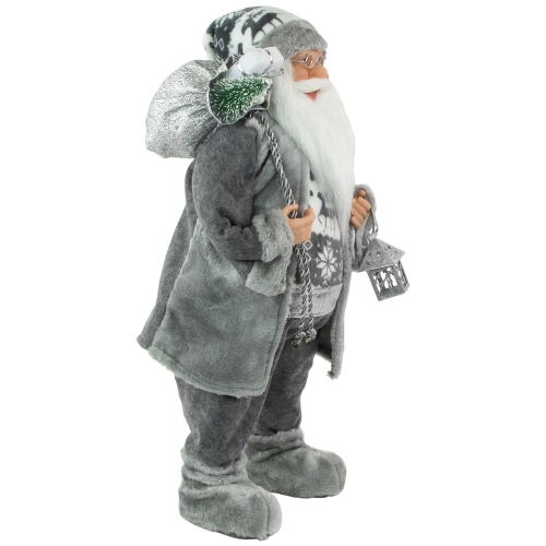 Père Noël gris et blanc de 24 po avec figurine de Noël de lanterne