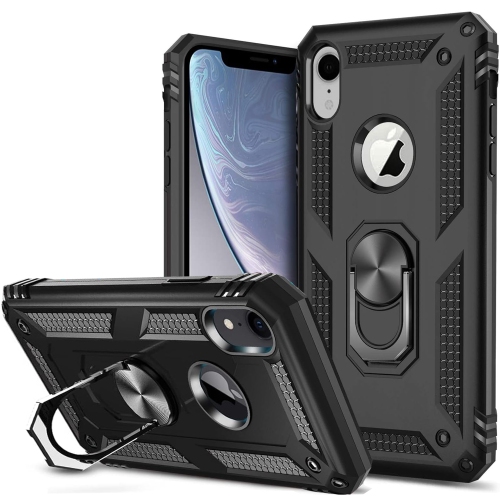 For Apple iPhone 11 Black Military Grade 360 Degree Rotating Metal Magnetic Ring Car Mount Holder Kickstand Shockproof Heavy Duty Cover