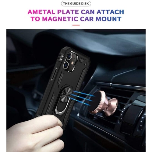 For Apple iPhone 11 Black Military Grade 360 Degree Rotating Metal Magnetic Ring Car Mount Holder Kickstand Shockproof Heavy Duty Cover