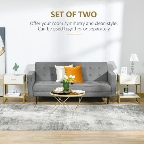 HOMCOM Nightstand Set of 2, Modern Bedside Table with Drawer and Shelf, Bedside Cabinets for Bedroom, White