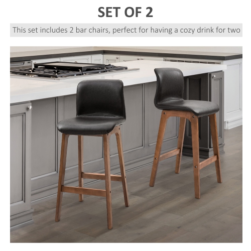 HOMCOM Modern Bar Stools Set of 2, Counter Height Bar Chair with PU Leather Wooden Frame Padding Seats for Dining Room, Home Bar, Dark Brown