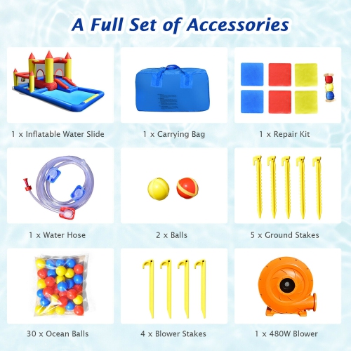 Gymax Inflatable Water Slide Castle Kids Bounce House Indoor & Outdoor w/ 480W Blower