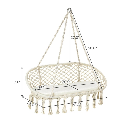 Gymax 2 Person Hanging Hammock Chair with Cushion Macrame Swing 330 lbs Capacity