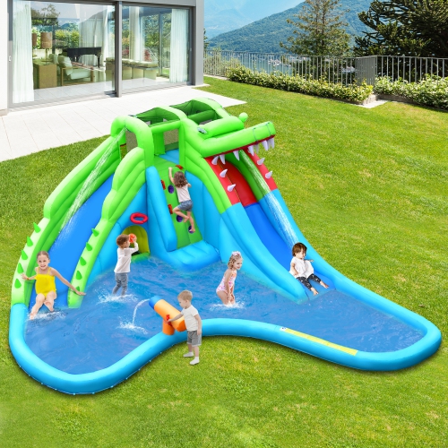 Gymax Crocodile Inflatable Water Slide Park Kids Bounce House w/ Dual Slides Without Blower