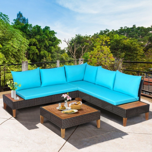 GYMAX  4PCs Acacia Wood Patio Furniture Set Rattan Conversation Set W/ Cushions In Turquoise