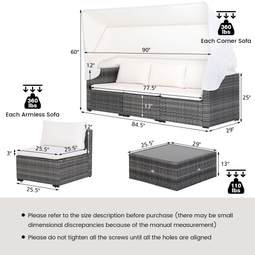 Gymax 6 PCS PE Rattan Patio Furniture Set w/ Tempered Glass Table and Retractable Canopy