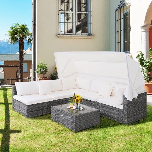 Gymax 6 PCS PE Rattan Patio Furniture Set w/ Tempered Glass Table and Retractable Canopy