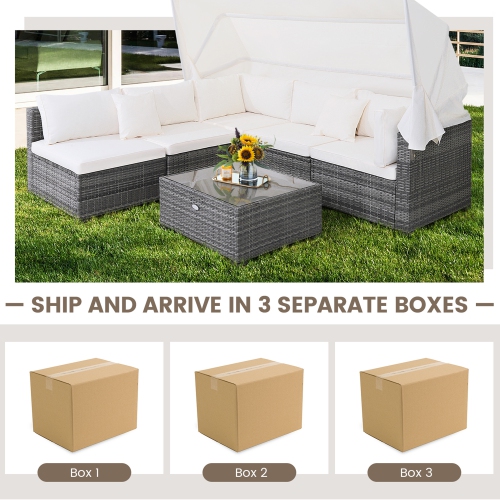Gymax 6 PCS PE Rattan Patio Furniture Set w/ Tempered Glass Table and Retractable Canopy
