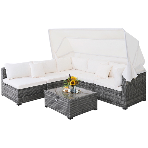 Gymax 6 PCS PE Rattan Patio Furniture Set w/ Tempered Glass Table and Retractable Canopy