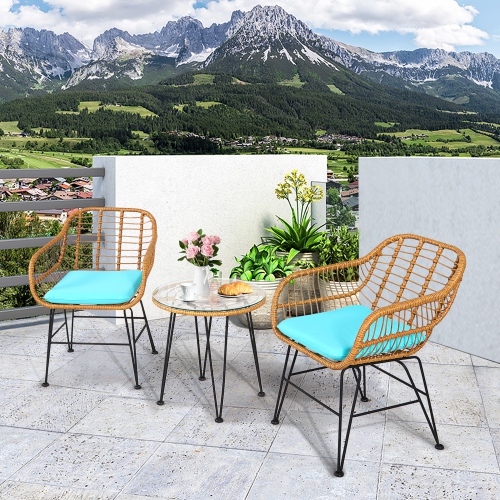 GYMAX  3PCs Rattan Patio Bistro Set Conversation Furniture Set W/ Cushions