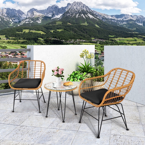 Gymax 3PCS Rattan Patio Bistro Set Conversation Furniture Set w/ Cushions
