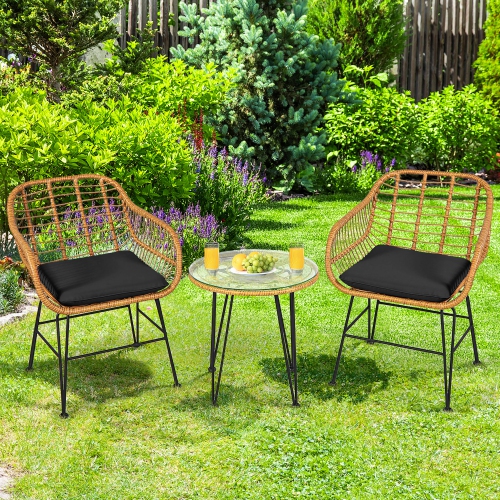 Gymax 3PCS Rattan Patio Bistro Set Conversation Furniture Set w/ Cushions
