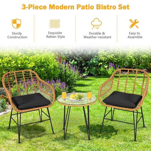 Gymax 3PCS Rattan Patio Bistro Set Conversation Furniture Set w/ Cushions