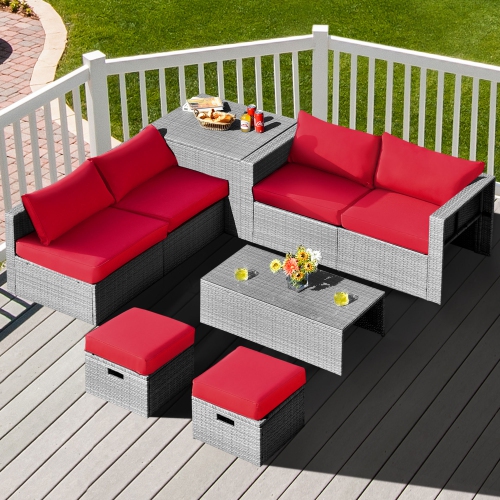 GYMAX  8PCs Rattan Patio Space-Saving Furniture Set W/ Waterproof Cover & Cushions In Red