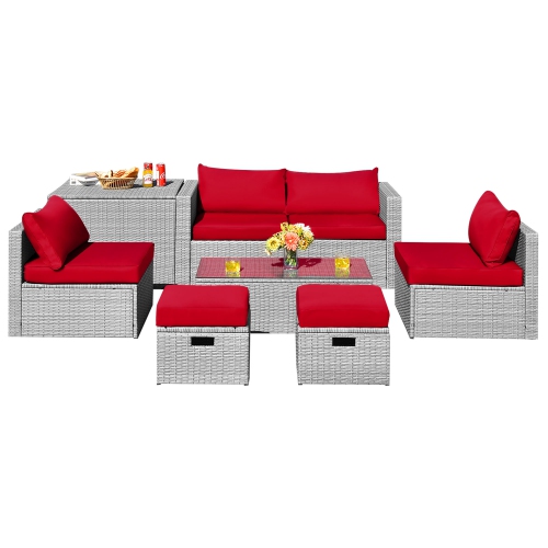 Gymax 8PCS Rattan Patio Space-Saving Furniture Set w/ Waterproof Cover & Red Cushions
