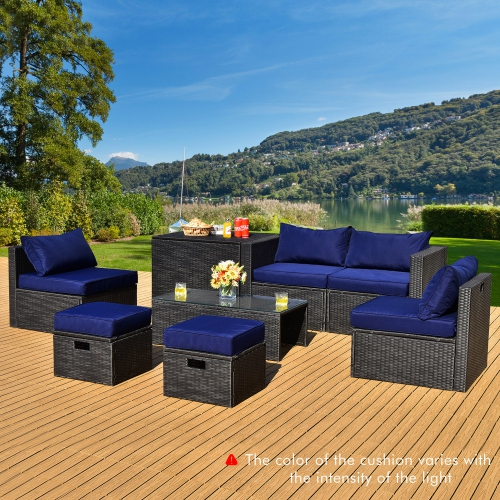 GYMAX  8PCs Rattan Patio Sectional Furniture Set W/ Waterproof Cover & Cushions In Navy