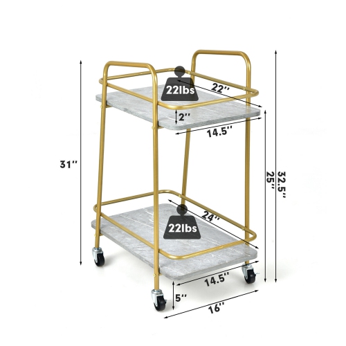 Gymax Gold Serving Cart Utility Trolley on Wheel Rolling Kitchen Rack w/Handle