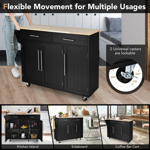 Gymax Kitchen Island Trolley Cart Wood Top Rolling Storage Cabinet w/Knife Block Black