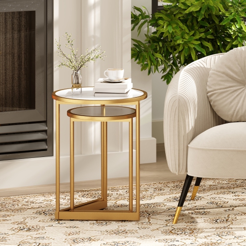 Gymax Round Nesting Side Table Set of 2 Stacking Coffee Tables w/ Faux Marble Tabletop