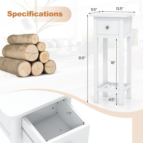 Gymax Solid Wood Side Table Rectangular 2PCS Sofa Side Table w/ Acacia Wood Top Telephone Table White