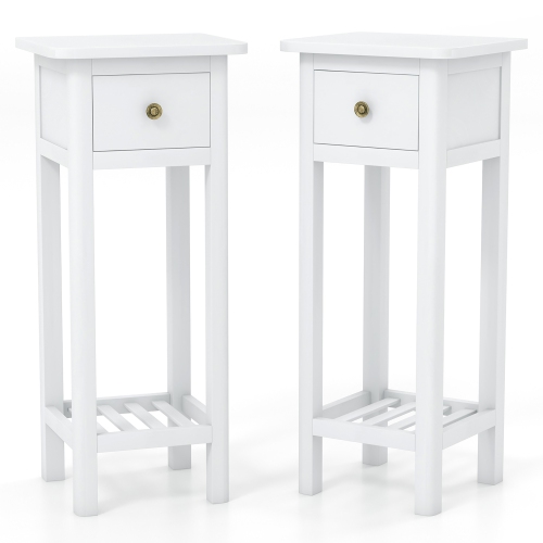 Gymax Solid Wood Side Table Rectangular 2PCS Sofa Side Table w/ Acacia Wood Top Telephone Table White