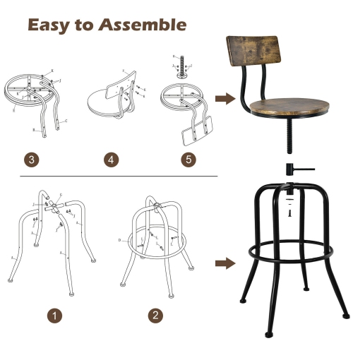 Gymax Set of 4 Industrial Bar Stool Adjustable Swivel Counter-Height Dining Side Chair