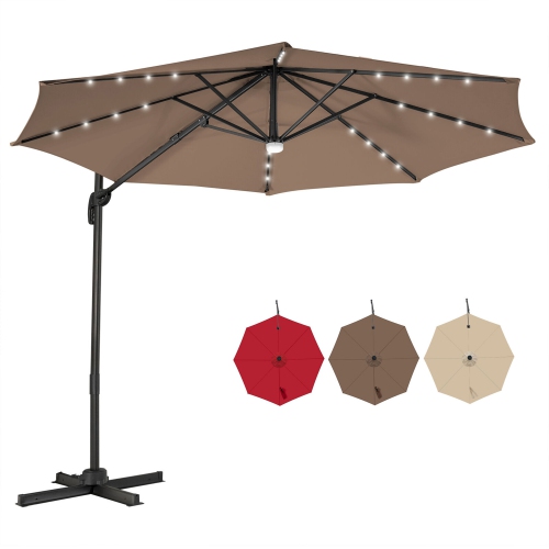 GYMAX  10Ft Cantilever Solar Umbrella 28Led Lighted Patio Offset Tilt 360° Outdoor / Coffee / Wind-Red In Beige