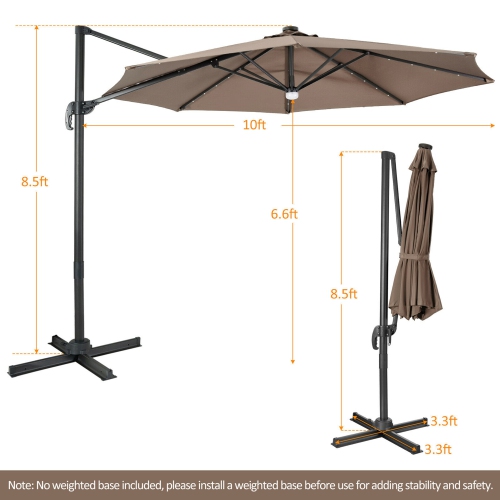 Gymax 10FT Cantilever Solar Umbrella 28LED Lighted Patio Offset Tilt 360° Outdoor Beige / Coffee / Wind-Red