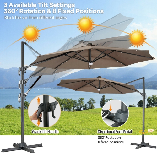 Gymax 10FT Cantilever Solar Umbrella 28LED Lighted Patio Offset Tilt 360° Outdoor Beige / Coffee / Wind-Red