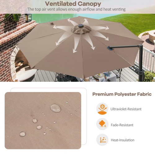 Gymax 10FT Cantilever Solar Umbrella 28LED Lighted Patio Offset Tilt 360° Outdoor Beige / Coffee / Wind-Red