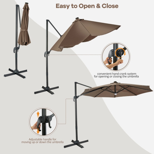 Gymax 10FT Cantilever Solar Umbrella 28LED Lighted Patio Offset Tilt 360° Outdoor Beige / Coffee / Wind-Red