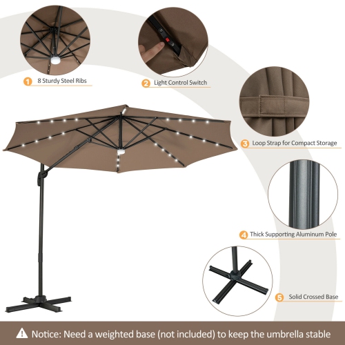 Gymax 10FT Cantilever Solar Umbrella 28LED Lighted Patio Offset Tilt 360° Outdoor Beige / Coffee / Wind-Red