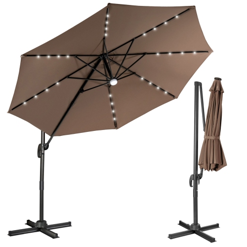 Gymax 10FT Cantilever Solar Umbrella 28LED Lighted Patio Offset Tilt 360° Outdoor Beige / Coffee / Wind-Red
