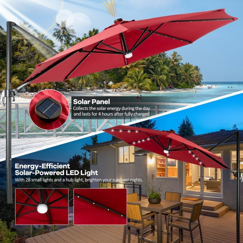 Gymax 10FT Cantilever Solar Umbrella 28LED Lighted Patio Offset Tilt 360° Outdoor Beige / Coffee / Wind-Red