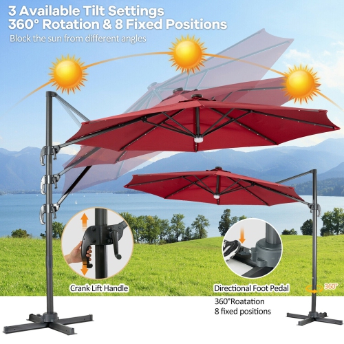 Gymax 10FT Cantilever Solar Umbrella 28LED Lighted Patio Offset Tilt 360° Outdoor Beige / Coffee / Wind-Red