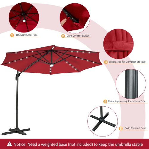 Gymax 10FT Cantilever Solar Umbrella 28LED Lighted Patio Offset Tilt 360° Outdoor Beige / Coffee / Wind-Red