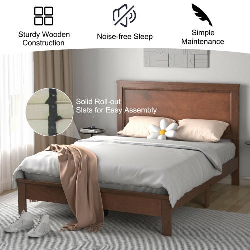 Gymax Twin/Full/Queen Size Bed Frame Platform Slat High Headboard Bedroom Rubber Wood Leg