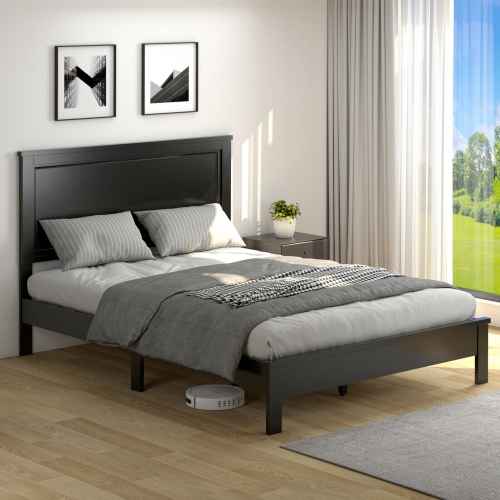 Gymax Twin/Full/Queen Size Bed Frame Platform Slat High Headboard Bedroom Rubber Wood Leg