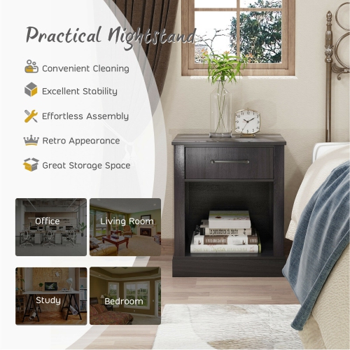 Gymax Nightstand with Drawer and Shelf Rustic Wooden Bedside Table Bedroom Brown / Natural / Black