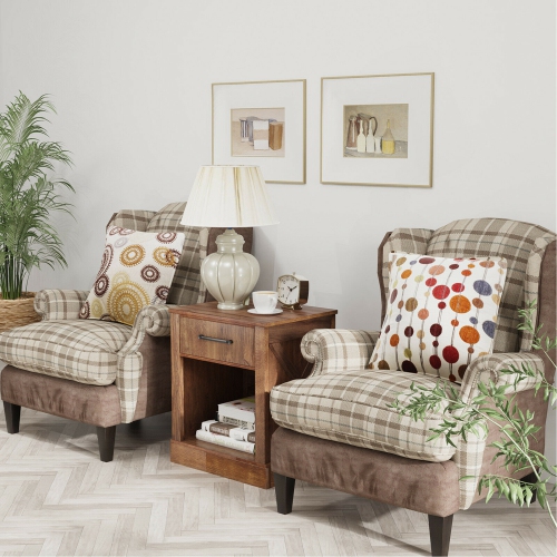 Gymax 2PCS Nightstand with Drawer and Shelf Rustic Wooden Bedside Table Bedroom Brown / Natural / Black