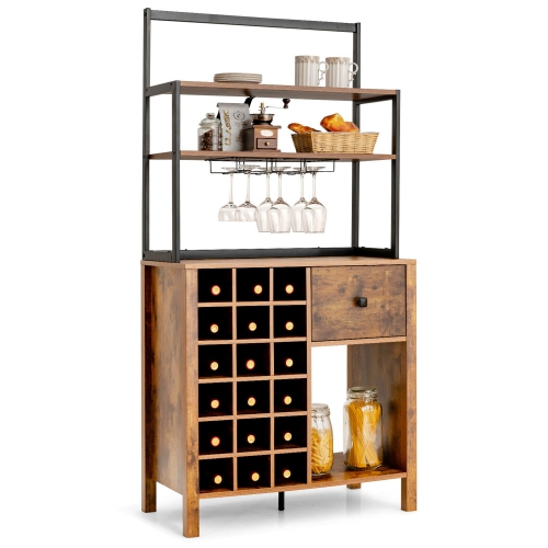 GYMAX  Kitchen Bakers Rack Freestanding Wine Rack Table W/ Glass Holder & Drawer / Rustic In Black