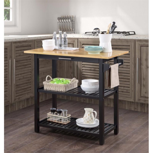 Designs2Go Three-Tier Butcher Block Kitchen Prep Island with Drawer- Black Wood